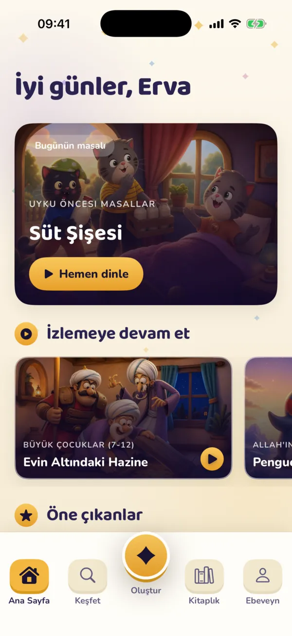 Uygulamanın ana sayfası: günün masalı ve masal kartları